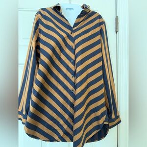 Chico’s gold tan navy blue Striped Button-Up Top long sleeve collared shirt